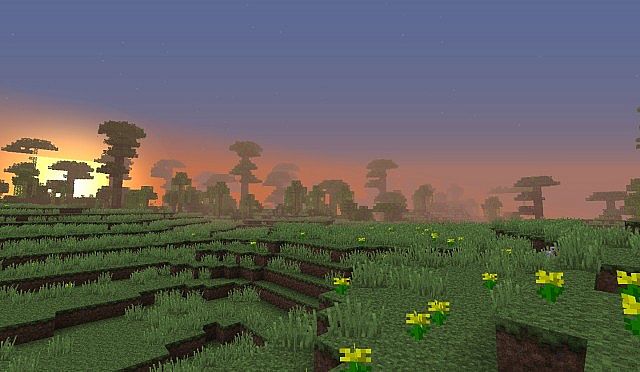 Minecraft 2 - Sunset across a minecraft landscape